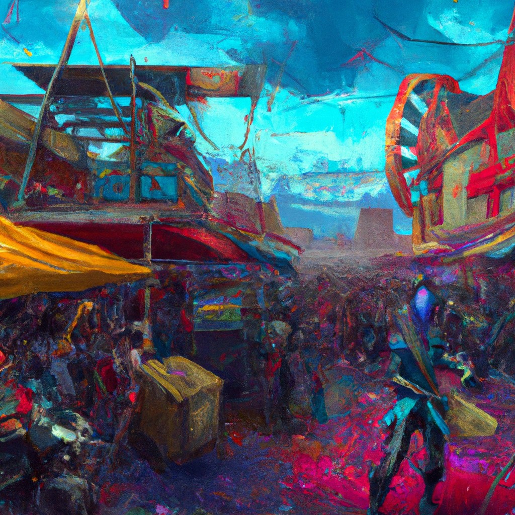 Image of Stormzy surrounded by colorful market stalls, with people dancing to the rhythm of traditional music.