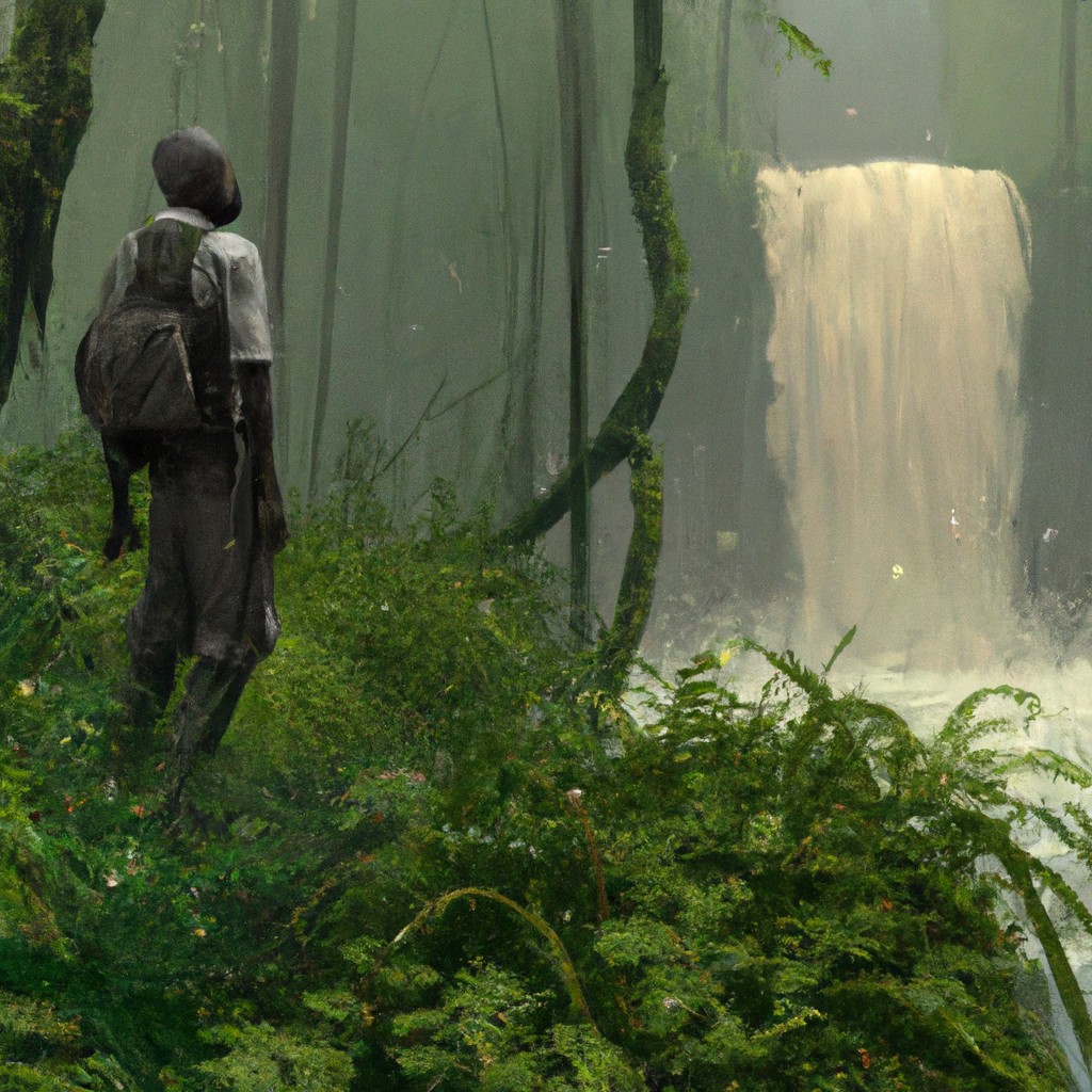 Image of Stormzy hiking through a lush rainforest, with waterfalls cascading in the background.