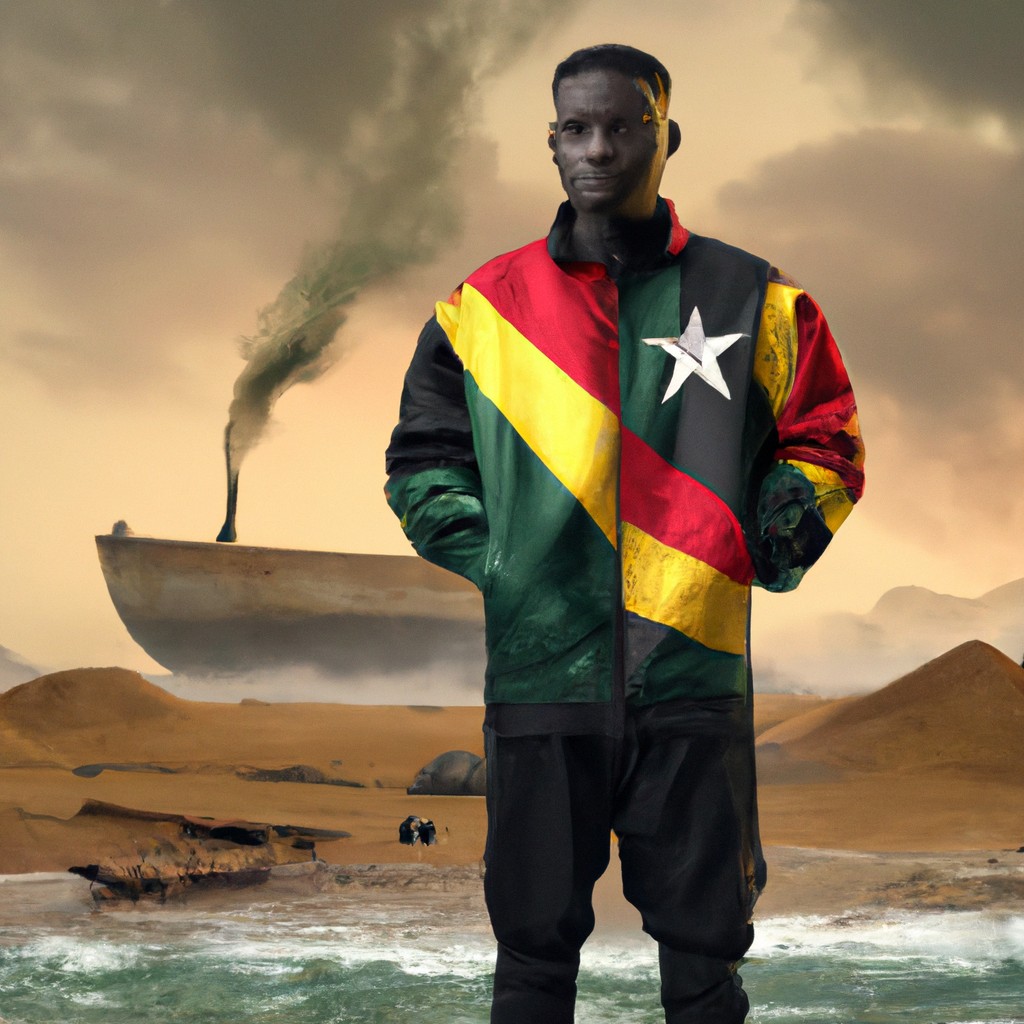 Image of Stormzy standing in front of a Ghanaian flag, wearing traditional Ghanaian clothing.