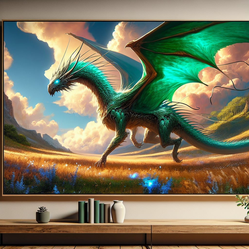 Image of A majestic dragon with emerald green scales and wings that span across the sky.