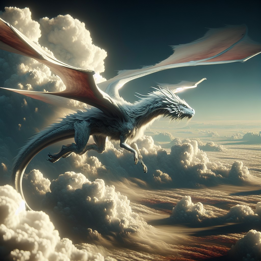 Image of A dragon soaring through the clouds with the wind in its face.