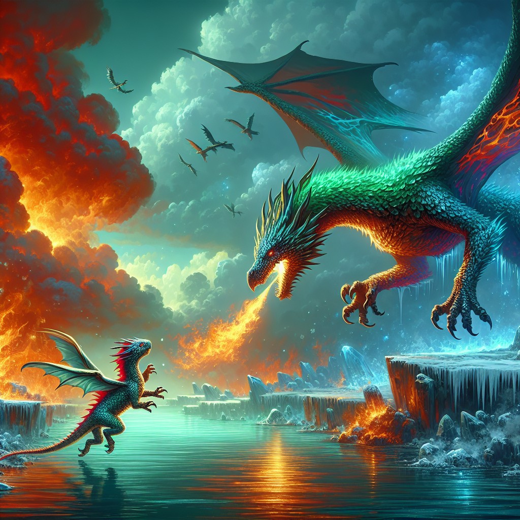 Image of A brave dragon rescuing a small dragon from a deep blue lake.