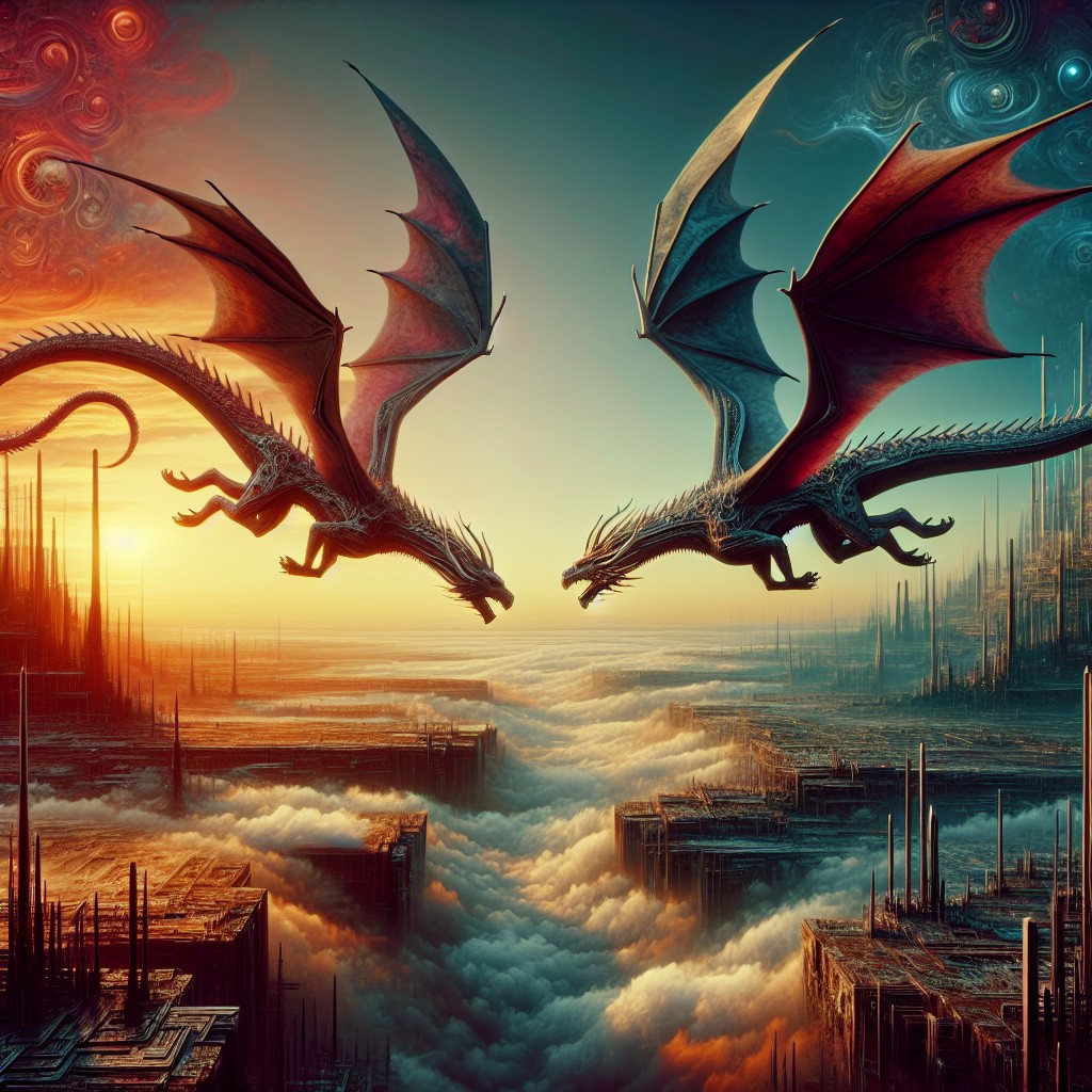 Image of Two dragons flying together, united by a strong bond.