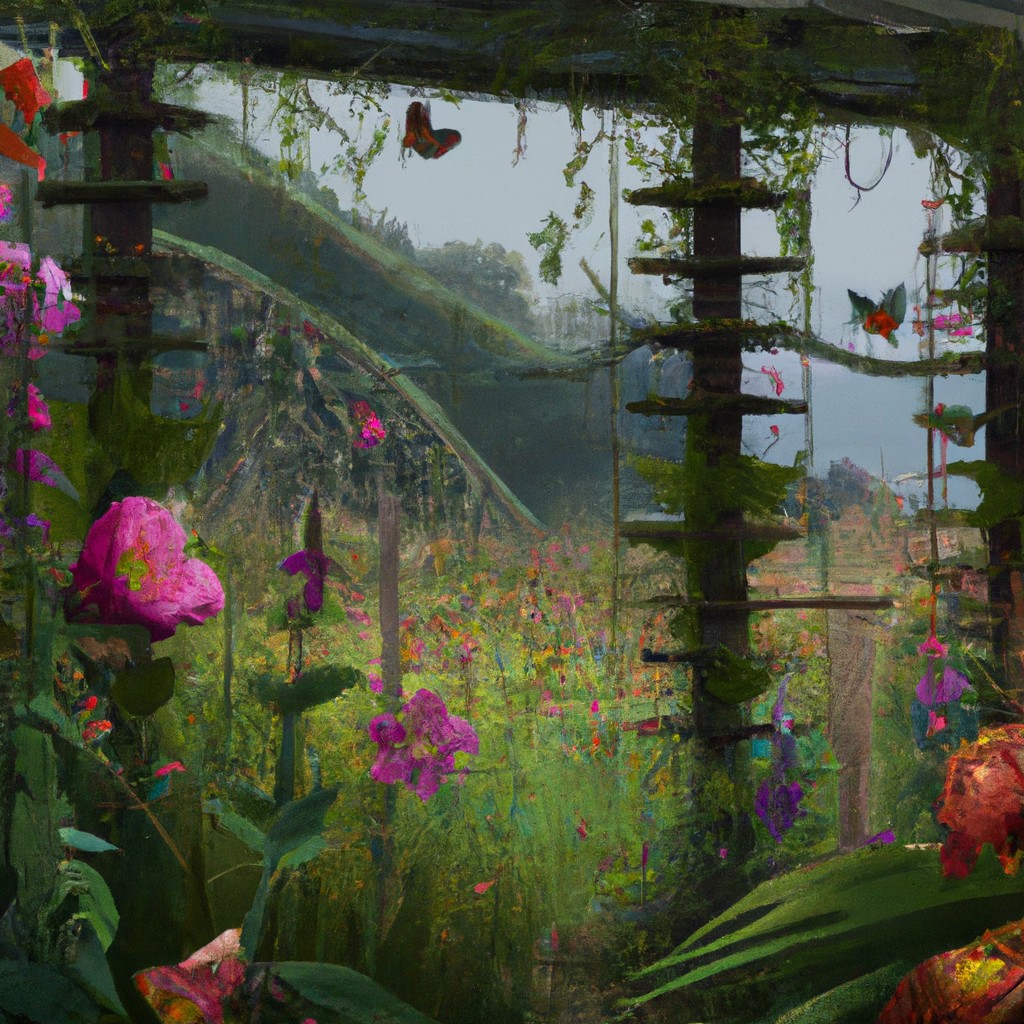 Image of A vibrant garden with colorful flowers, where Honey and Grace play hide-and-seek and chase butterflies.