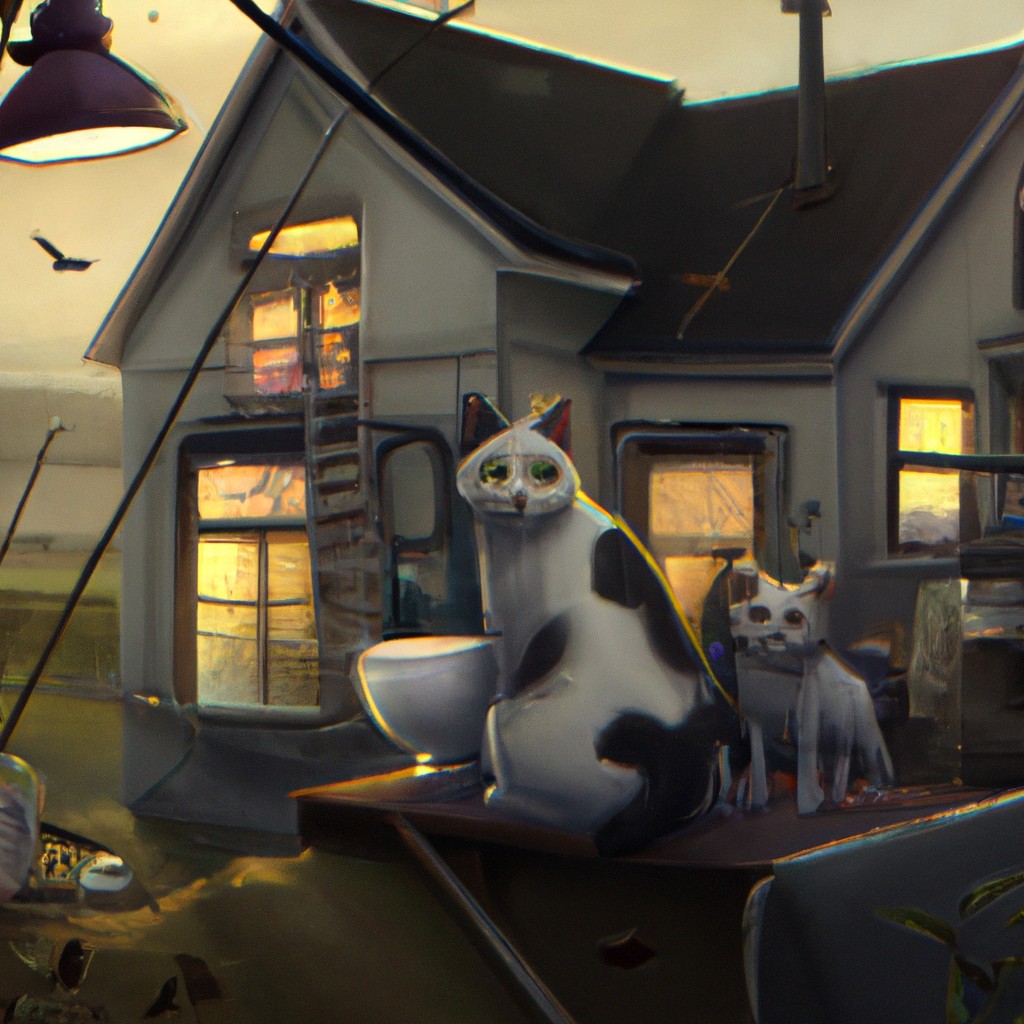 Image of A cozy little house with my aunt Roha and her two cats, Honey and Grace. Honey has black, white, and yellow patches on her fur, while Grace is mostly black and white.