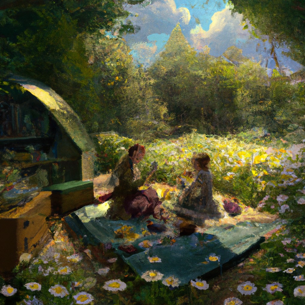 Image of A sunny garden with a picnic blanket, surrounded by beautiful flowers, as Honey and Grace eagerly join my aunt Roha for a delicious picnic.