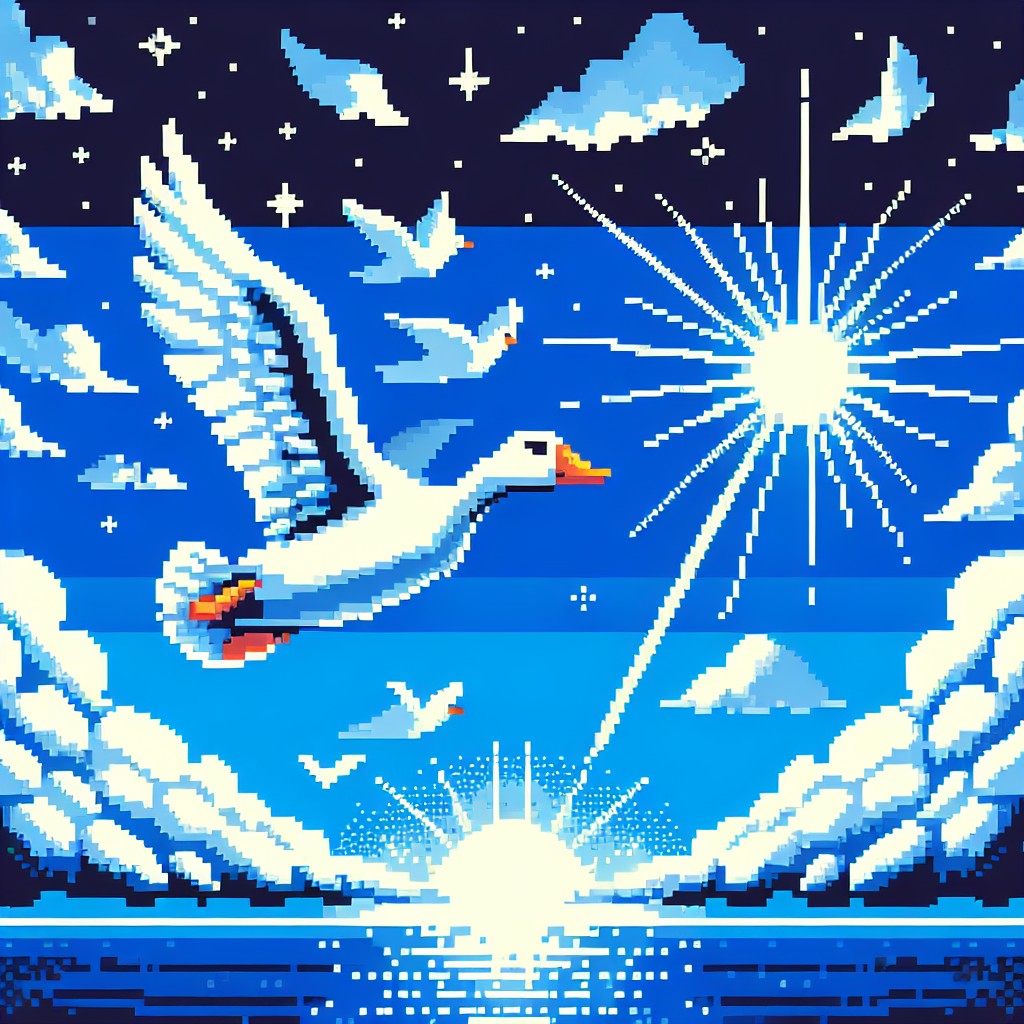 Image of A white duck soaring through the sky with fluffy clouds and a bright sun in the background.