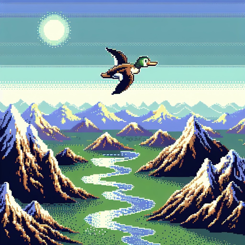 Image of Quackers the flying duck exploring breathtaking landscapes from above, with mountains and rivers in sight.