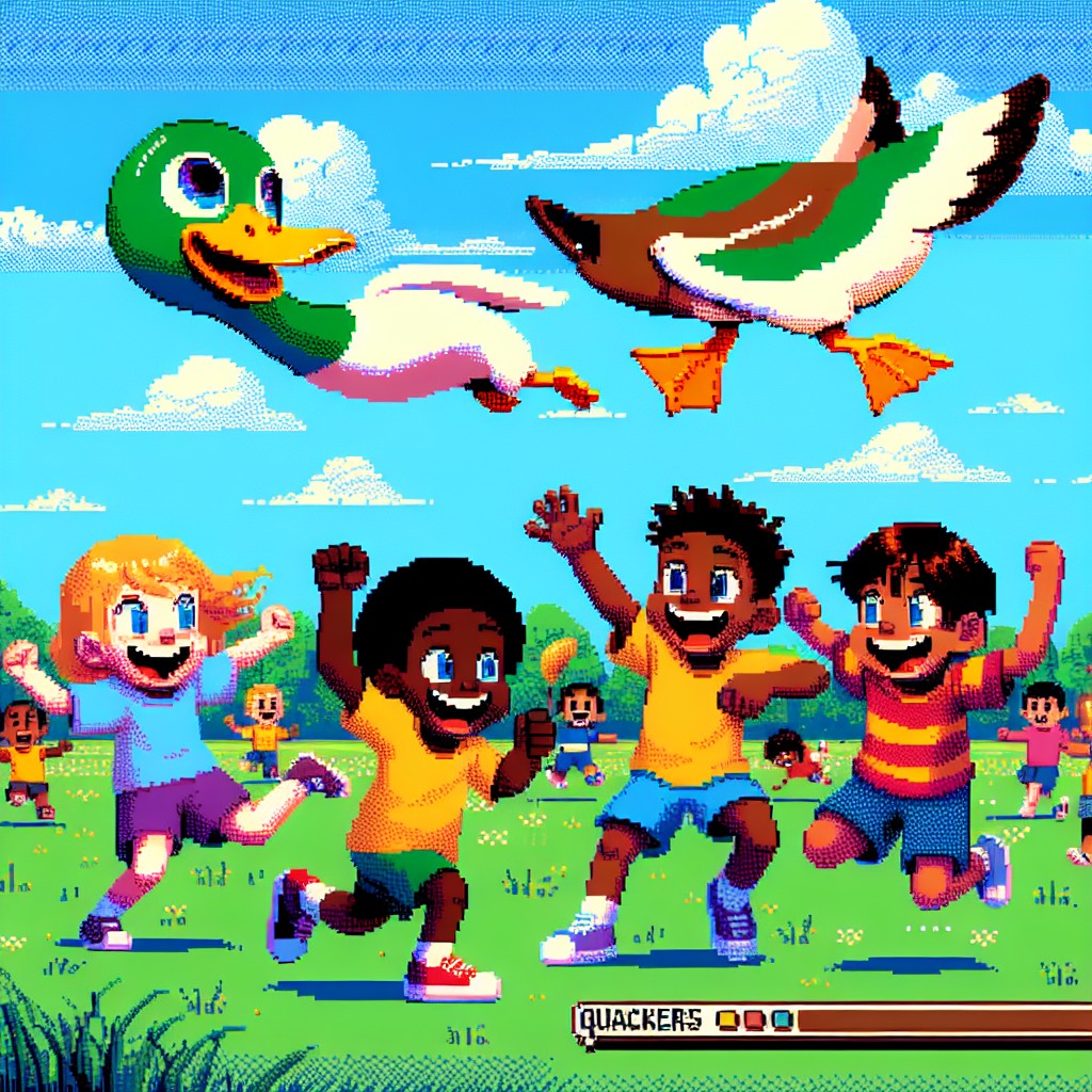 Image of A group of excited children playing in a green field while Quackers the flying duck joins them.