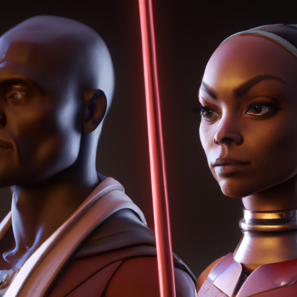 Image of Okoye and Mace Windu standing side by side, ready to face the Sith.