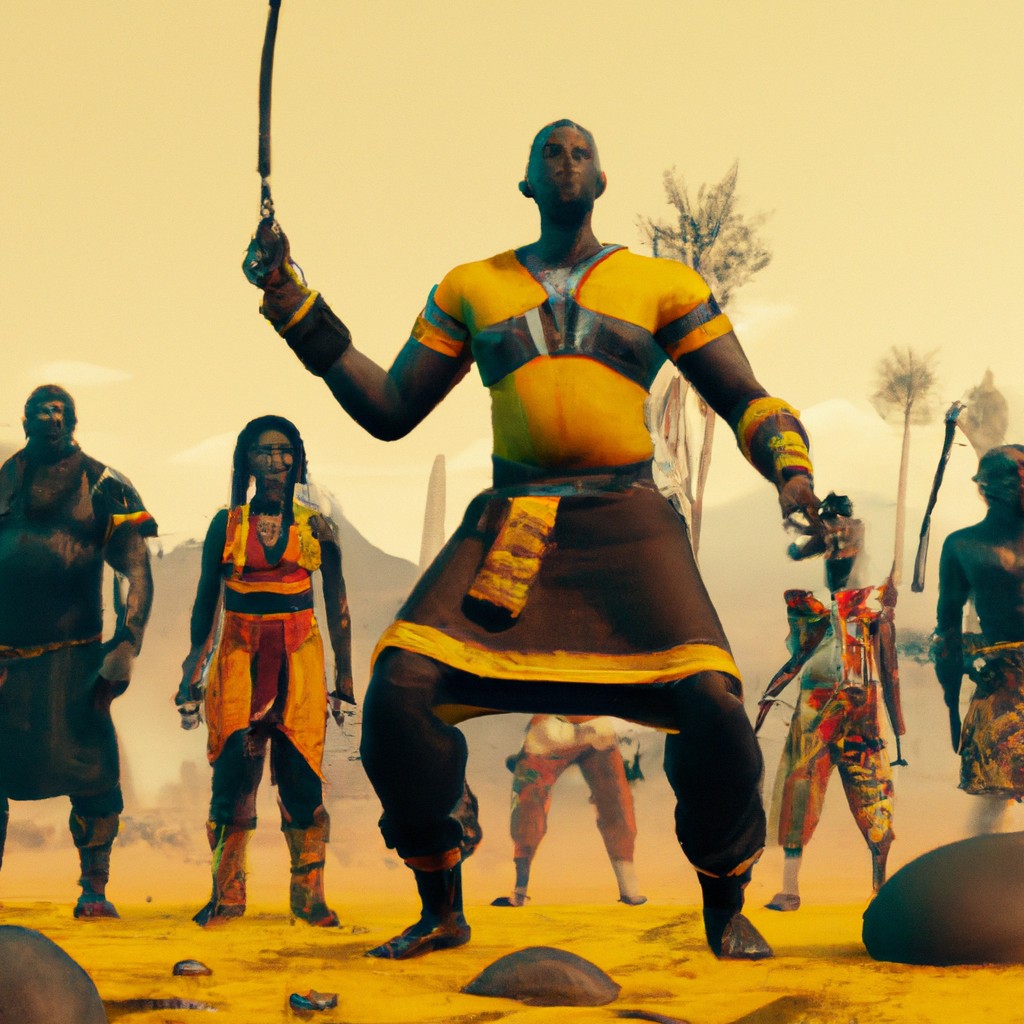 Image of A group of powerful African warriors in Wakanda training for battle.