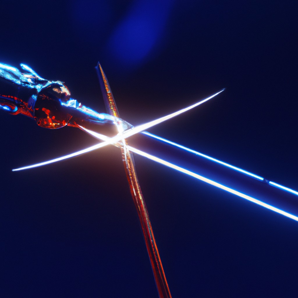 Image of Okoye's spear clashing against Darth Malgus's lightsaber.