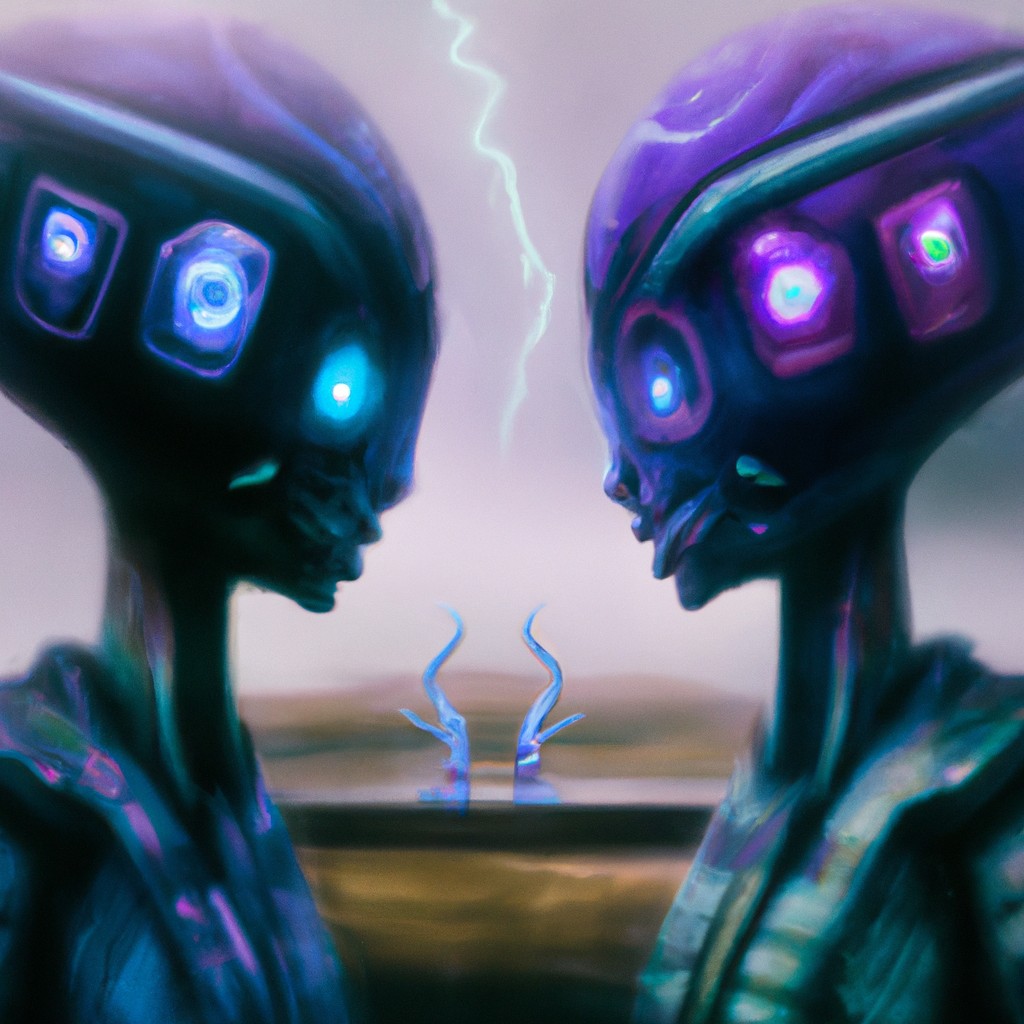 Image of Two aliens with vibrant purple and deep blue skin, gazing at each other with twinkling silver eyes and glowing green antennas.