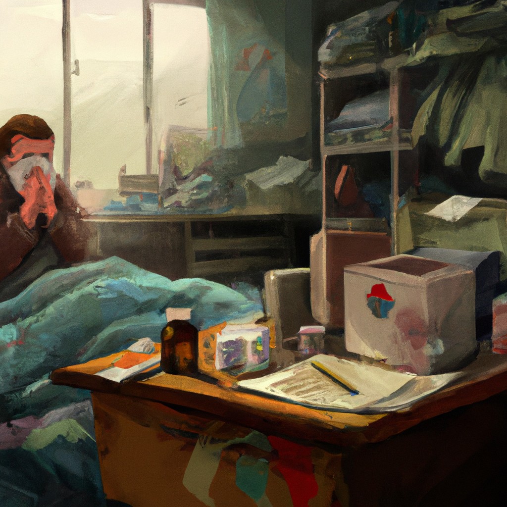 Image of A person with a runny nose holding a tissue, surrounded by medical supplies and warm blankets.