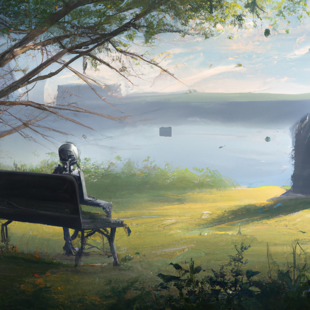 Image of A person sitting alone on a park bench, deep in thought, surrounded by serene nature.