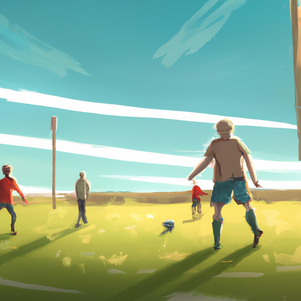 Image of A person playing soccer with friends in a green field, with the sun shining bright.