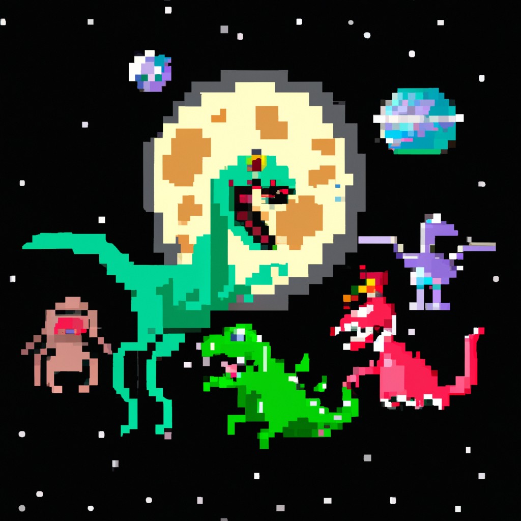 Image of Creatures from different planets gathering on the moon, captivated by the dinosaur's enchanting dance.