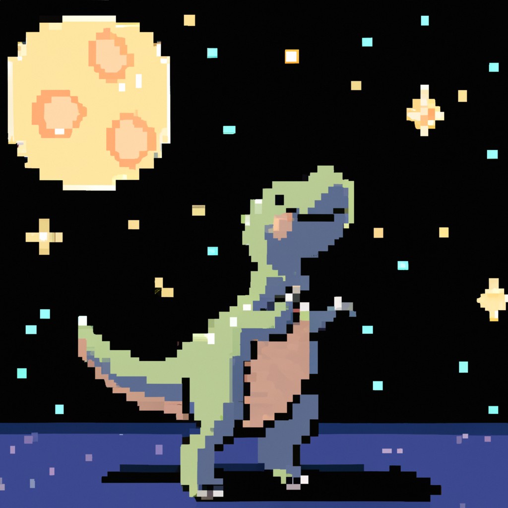 Image of Dino happily dancing under the magical light of the moon, surrounded by a galaxy of stars.