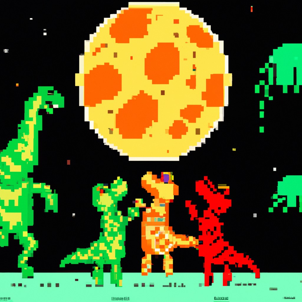 Image of A group of colorful aliens watching the dinosaur dance on the moon with awe and joy.