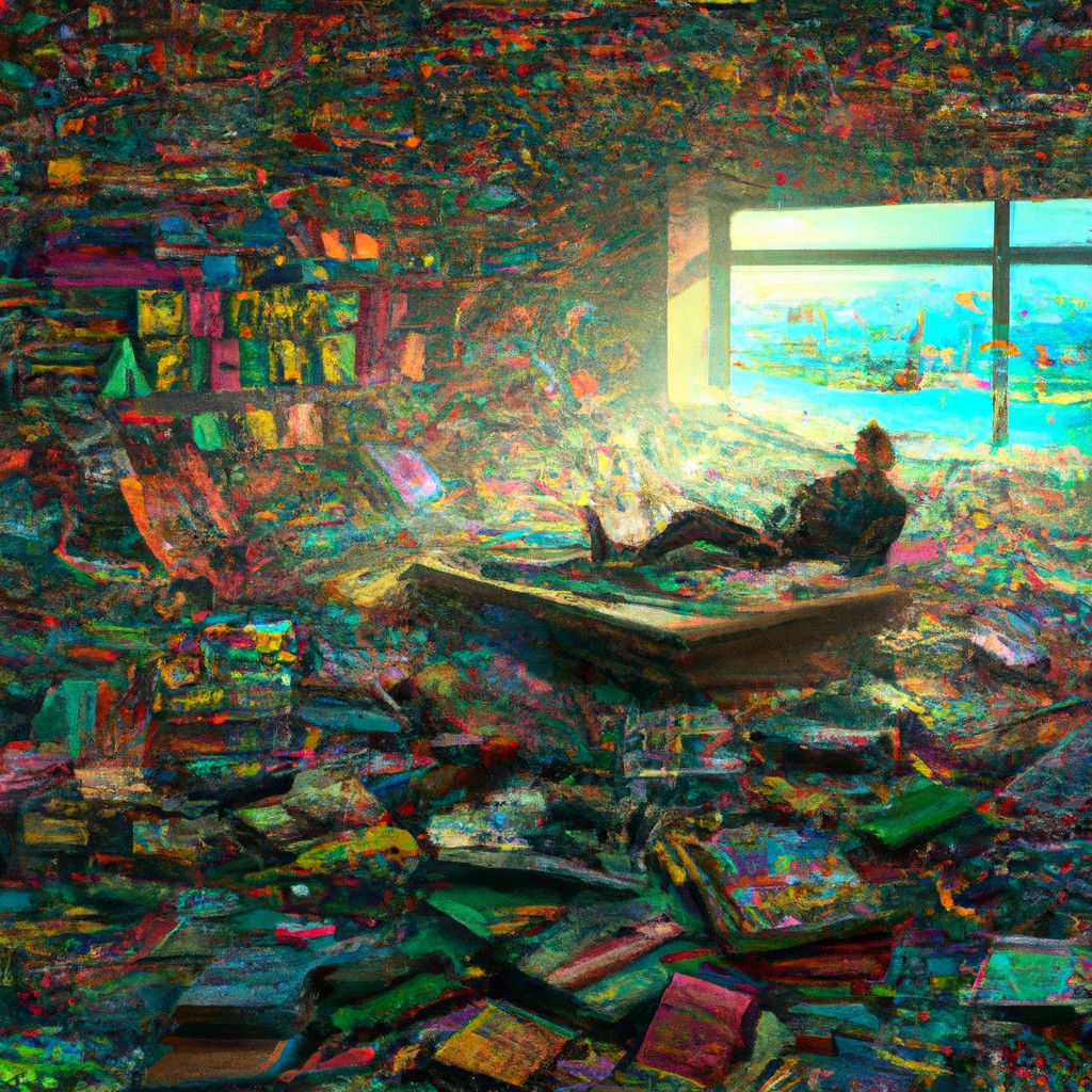 Image of A person engrossed in a book, surrounded by a sea of words that come alive with vibrant colors.