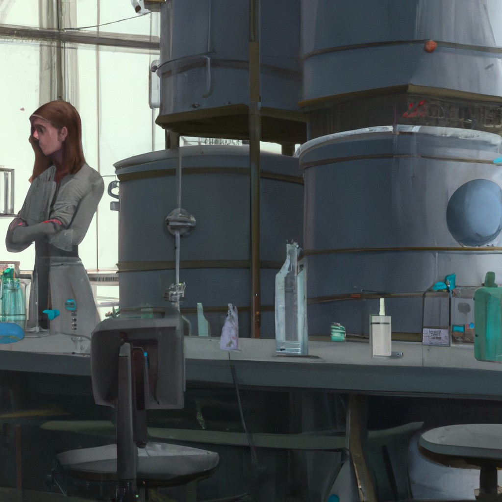 Image of Lily diligently working on her water purification system, surrounded by beakers and test tubes.