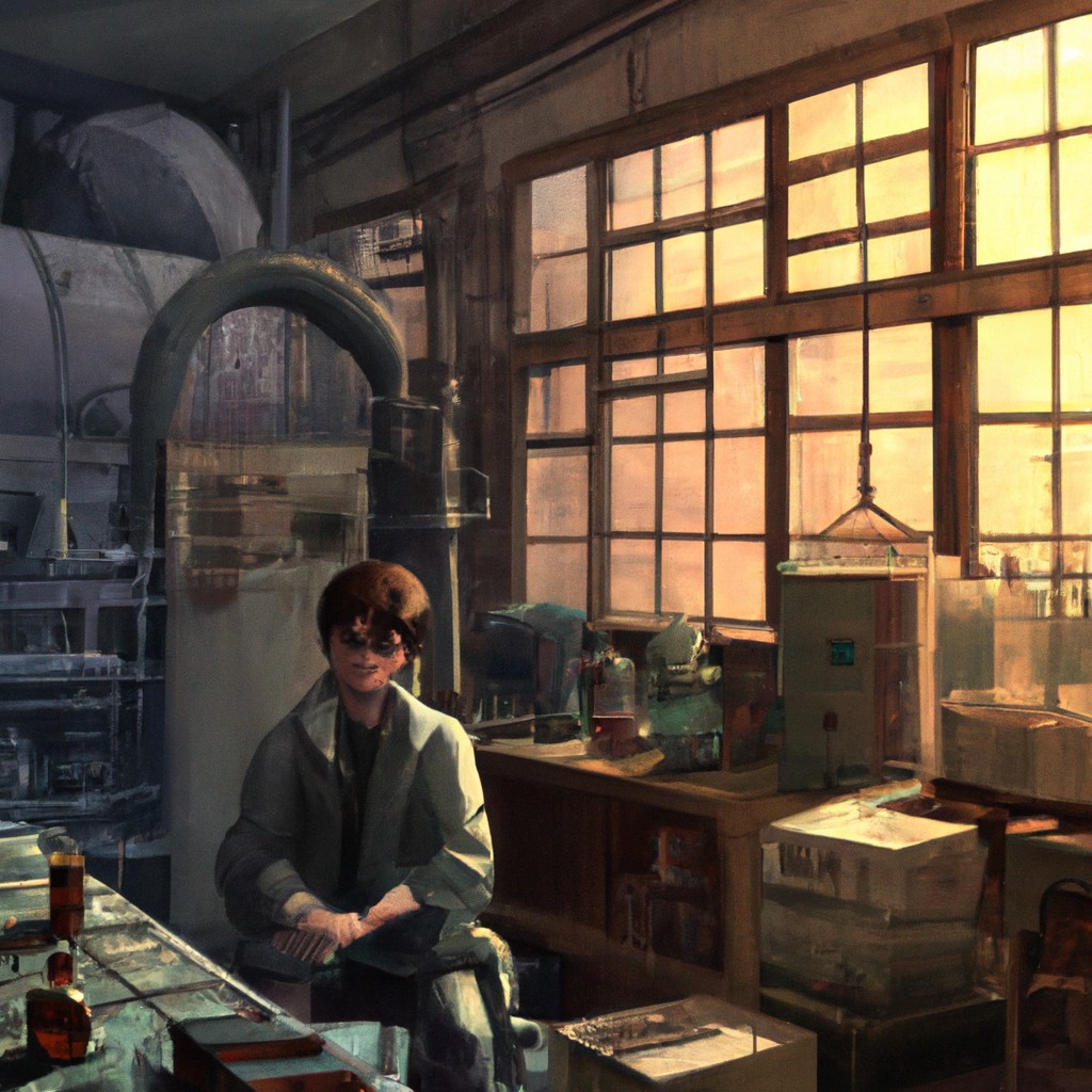 Image of A young boy with glasses and a laboratory filled with scientific equipment.