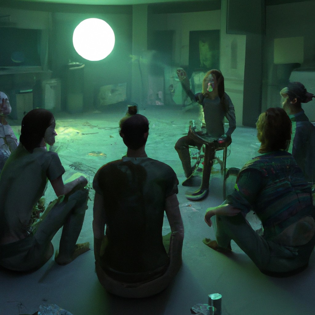 Image of Alex sitting in a circle with a group of like-minded friends, discussing ideas and sharing their passions.