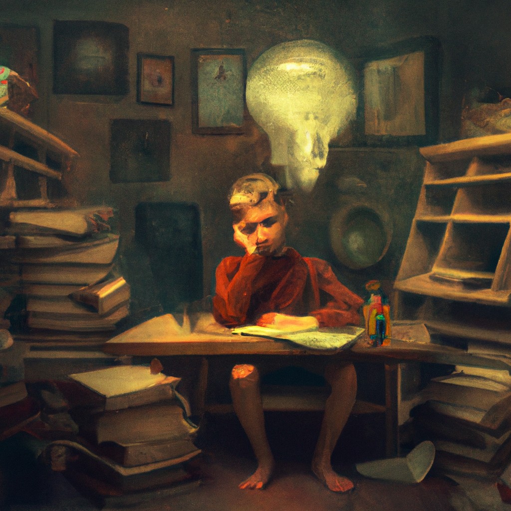 Image of A young boy with a thoughtful expression, surrounded by books and a glowing lightbulb above his head.