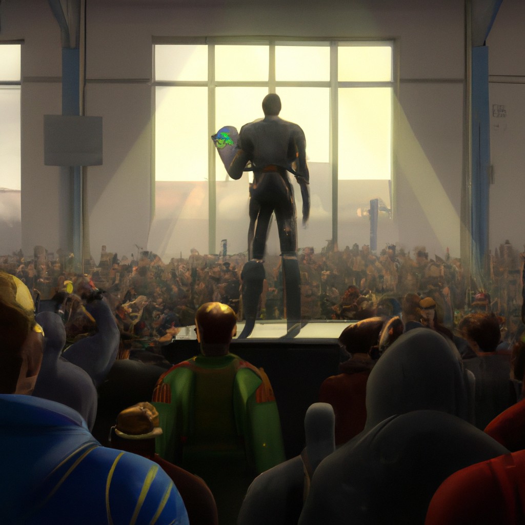 Image of Alex standing in front of a cheering crowd of colleagues, receiving recognition for his achievements.