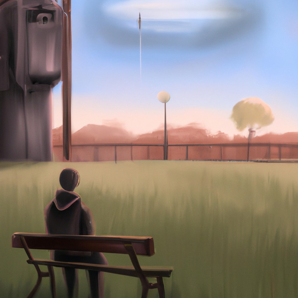 Image of A person deep in thought, sitting on a park bench, observing their surroundings and reflecting on the world around them.