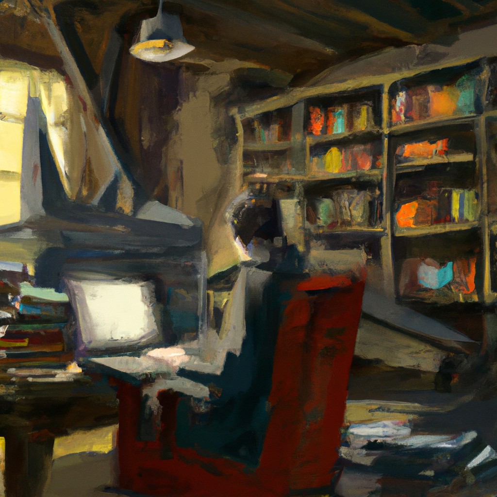 Image of A person sitting in a cozy library surrounded by books, with a laptop open on the table, absorbed in reading.