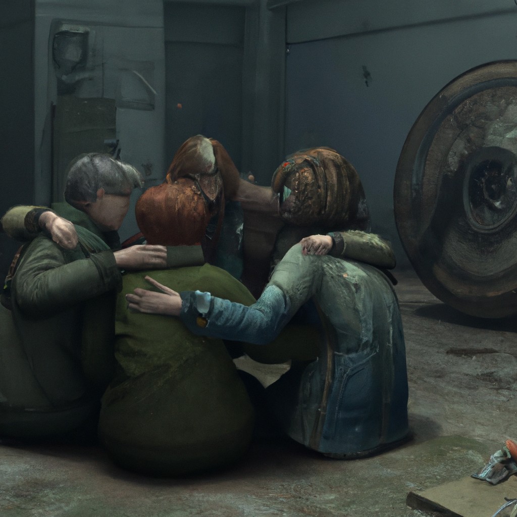 Image of A group of old friends huddled together, providing comfort and support to a person.