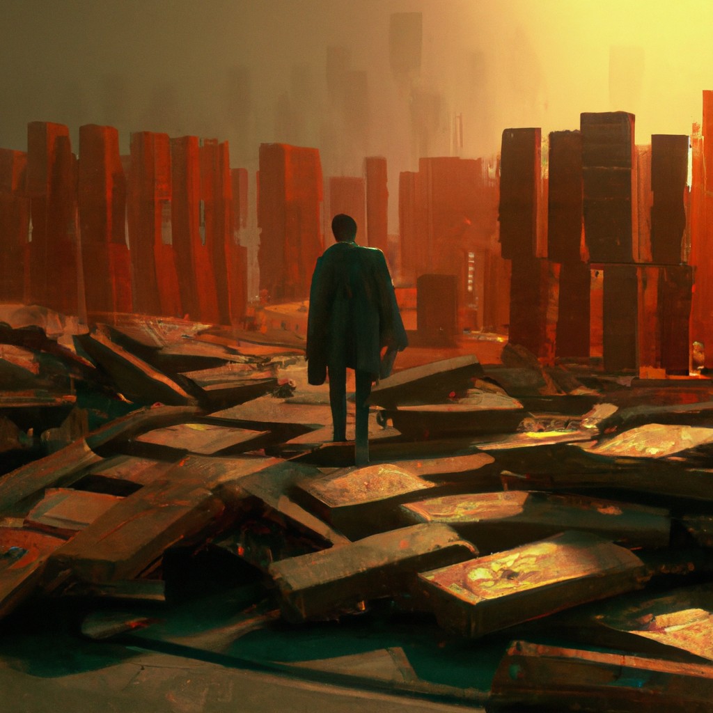 Image of A person standing in front of a pile of rewards and material gains, unaware of their true value and meaning.