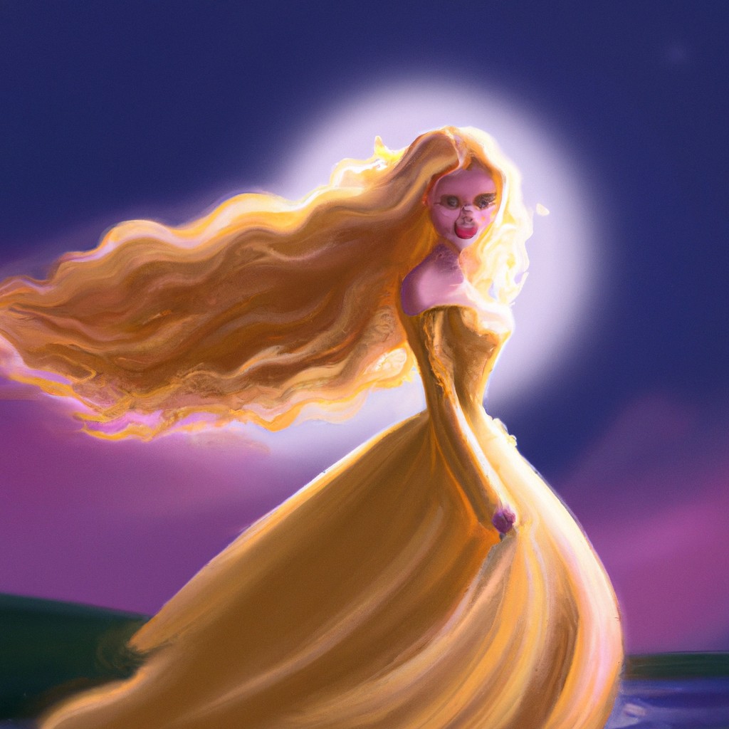 Image of A beautiful princess with flowing golden hair gracefully twirling under the moonlight.