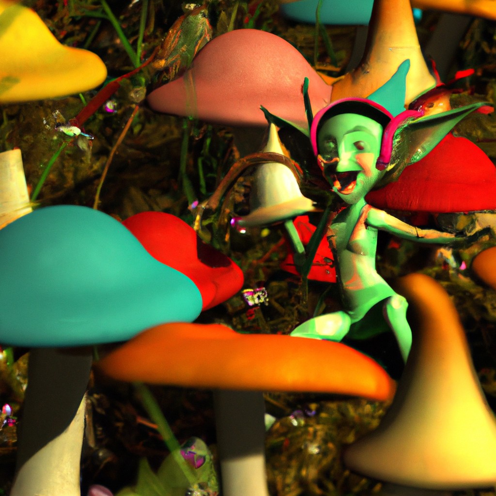 Image of A mischievous elf with pointy ears hopping between colorful mushrooms, singing with joy.