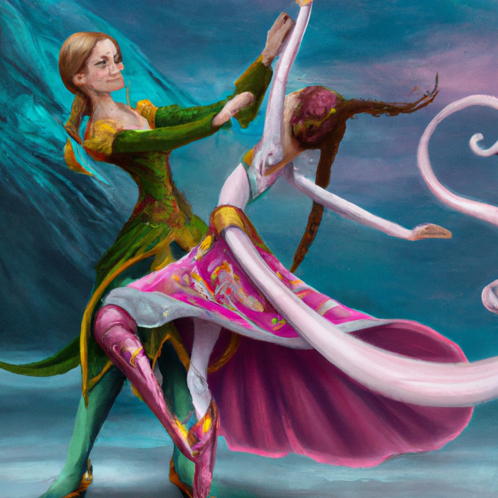 Image of The princess and the elf dancing together, their movements filled with grace and joy.