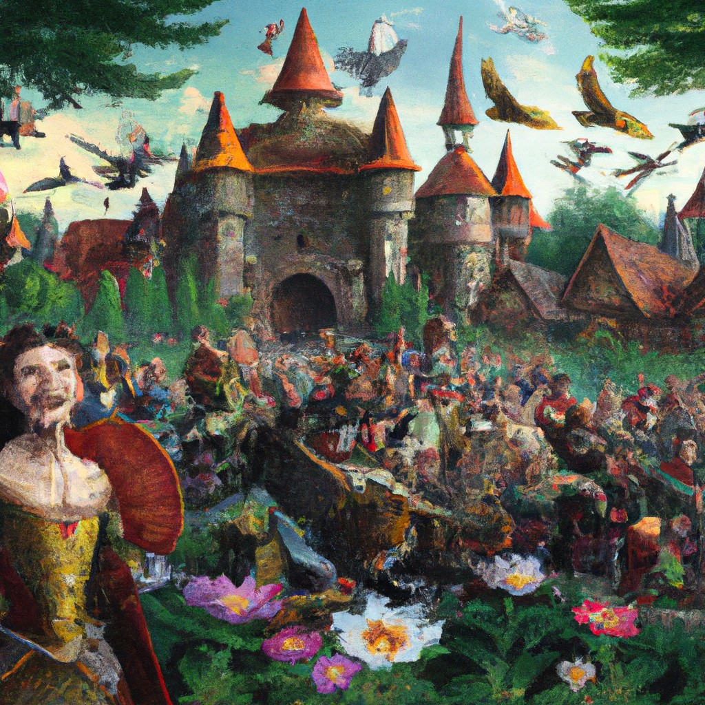 Image of The kingdom's people gathered in the palace gardens, watching Lily and Milo perform with awe and happiness.