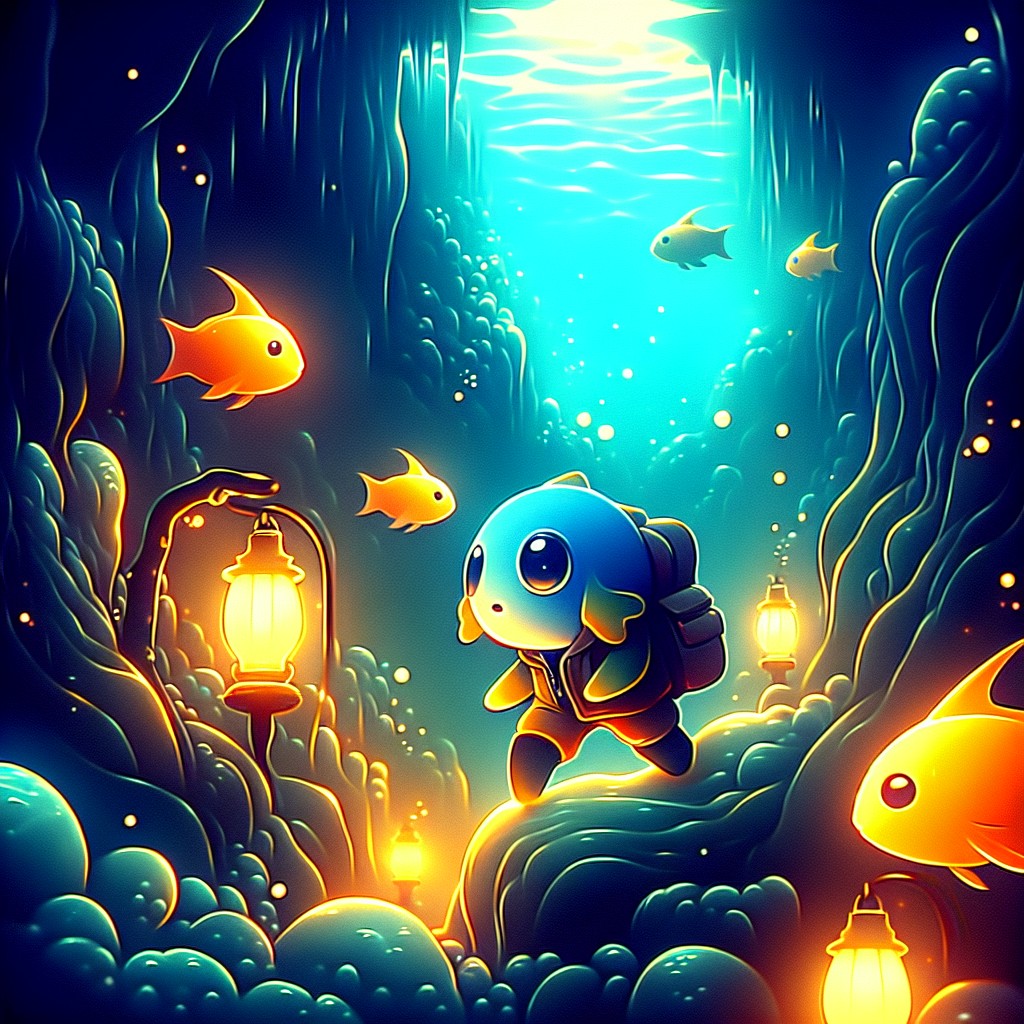 Image of A curious fish exploring a dark underwater cave with glowing fish swimming around.