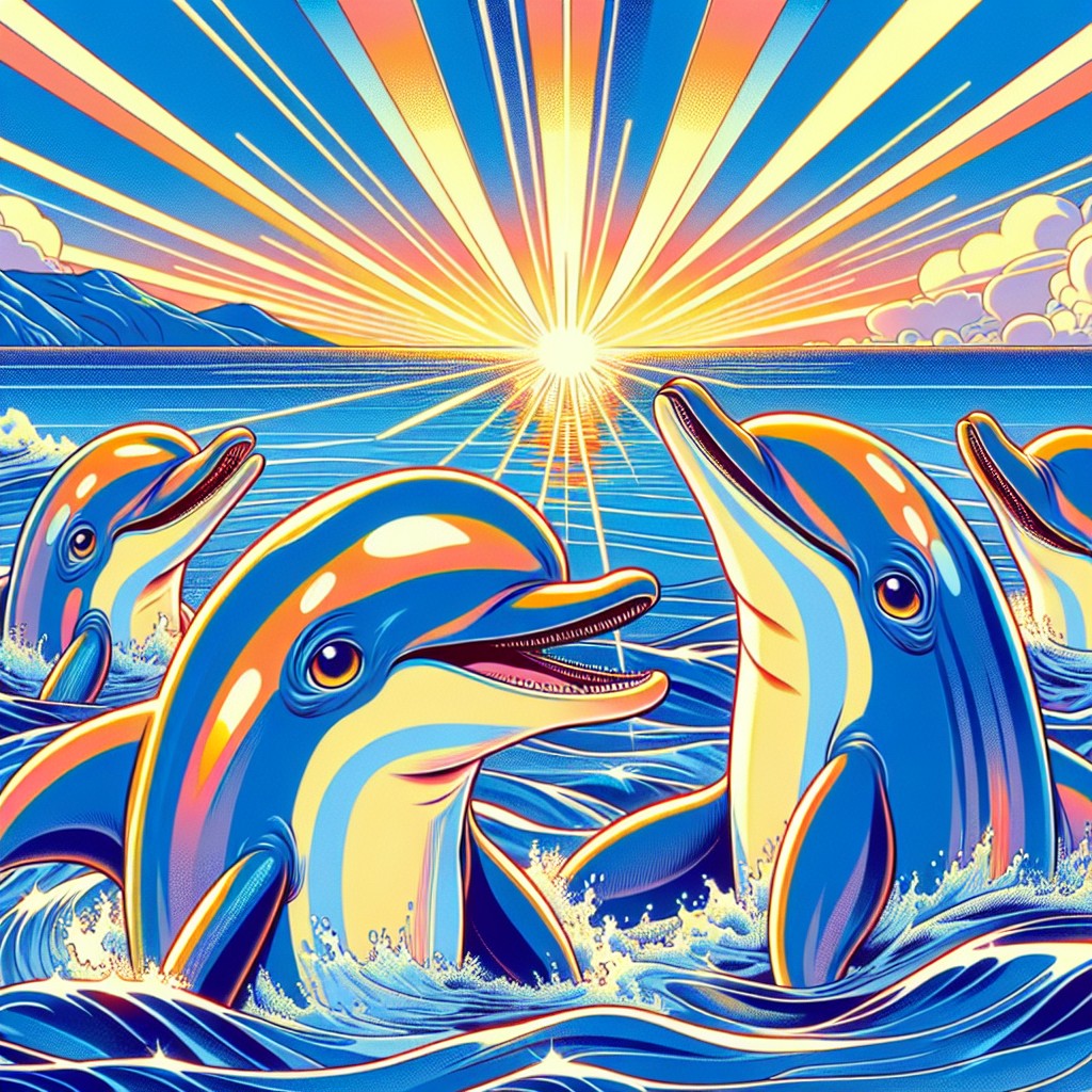 Image of A group of happy dolphins playing in the sparkling blue ocean.