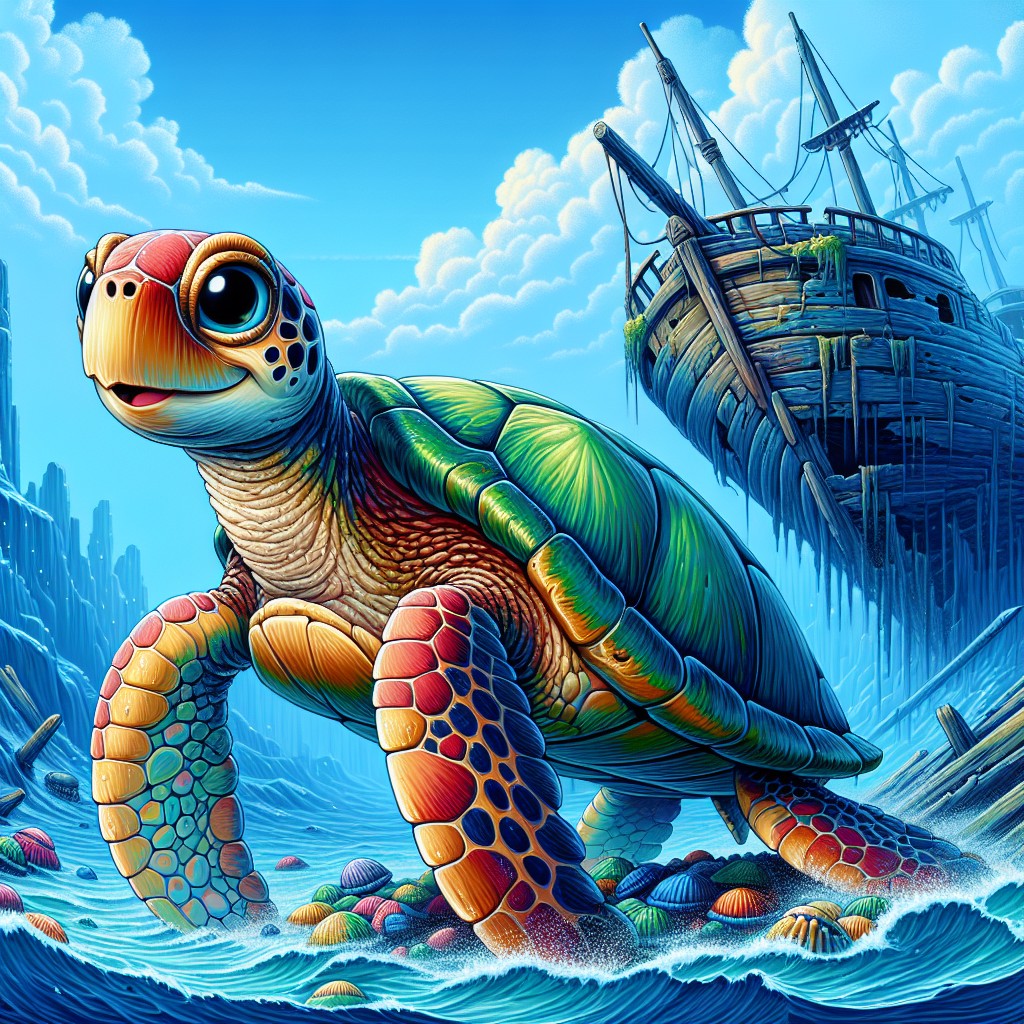 Image of A friendly turtle with a wise expression sitting on top of a shipwreck.