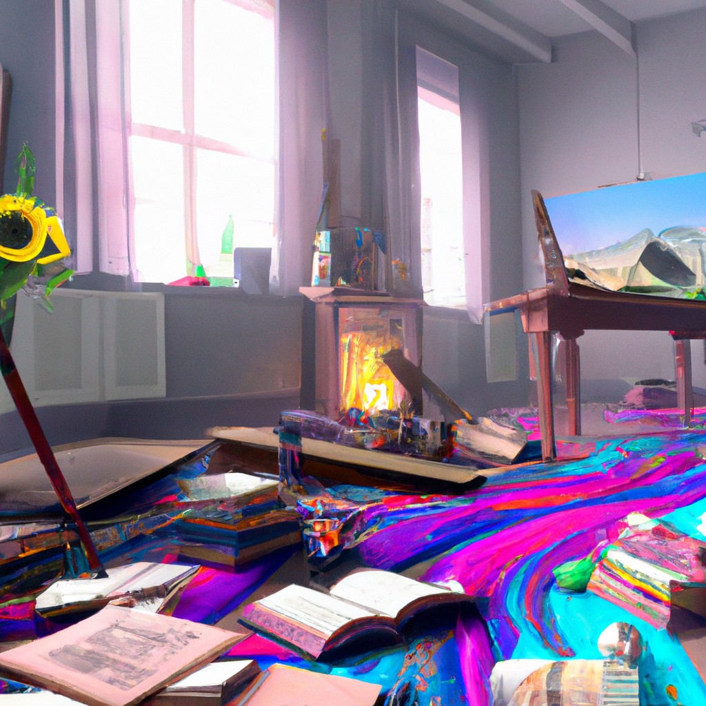 Image of A vibrant and colorful world with books and paintbrushes scattered around, showcasing Lily's love for art and literature.