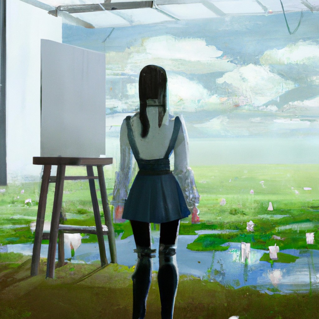 Image of Lily standing in front of a blank canvas, her mind buzzing with inventive ideas.