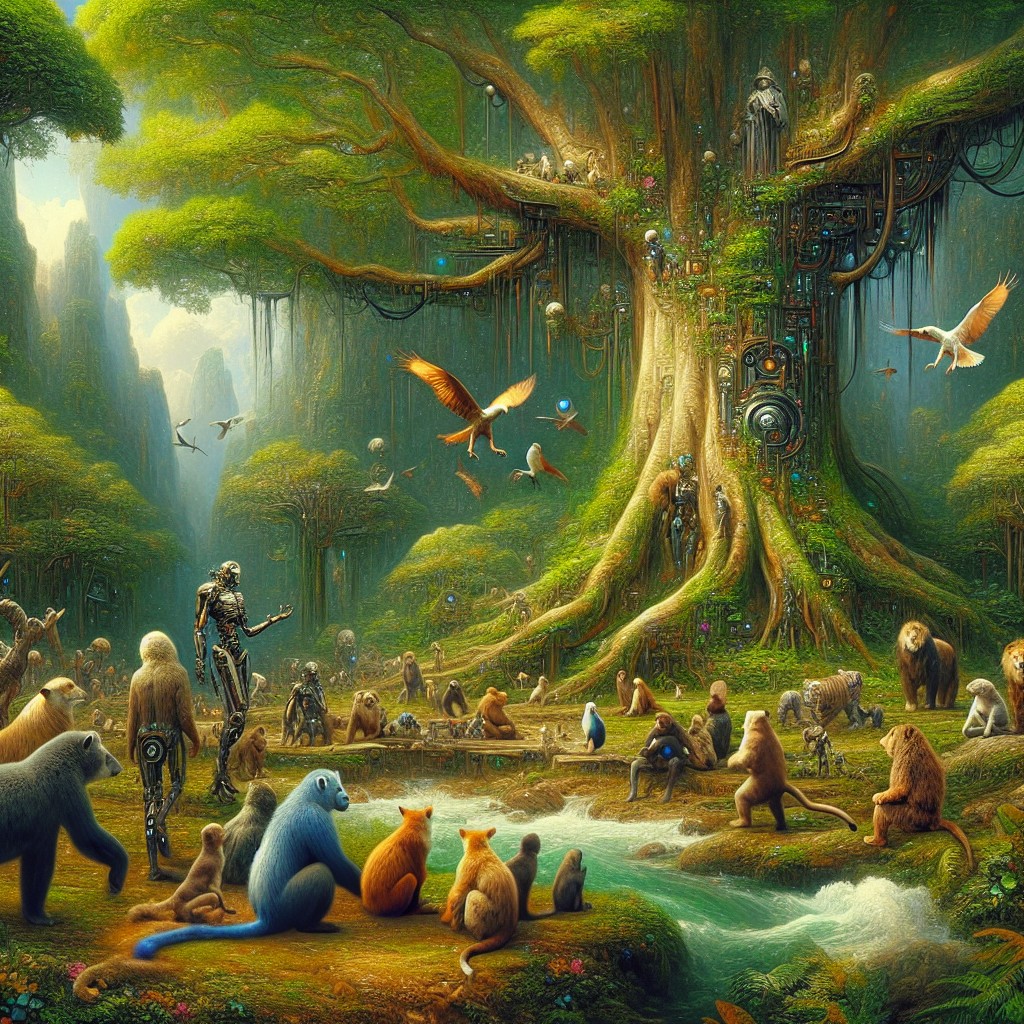 Image of Un grupo de animales en la selva conversando entre sí alrededor de un árbol.