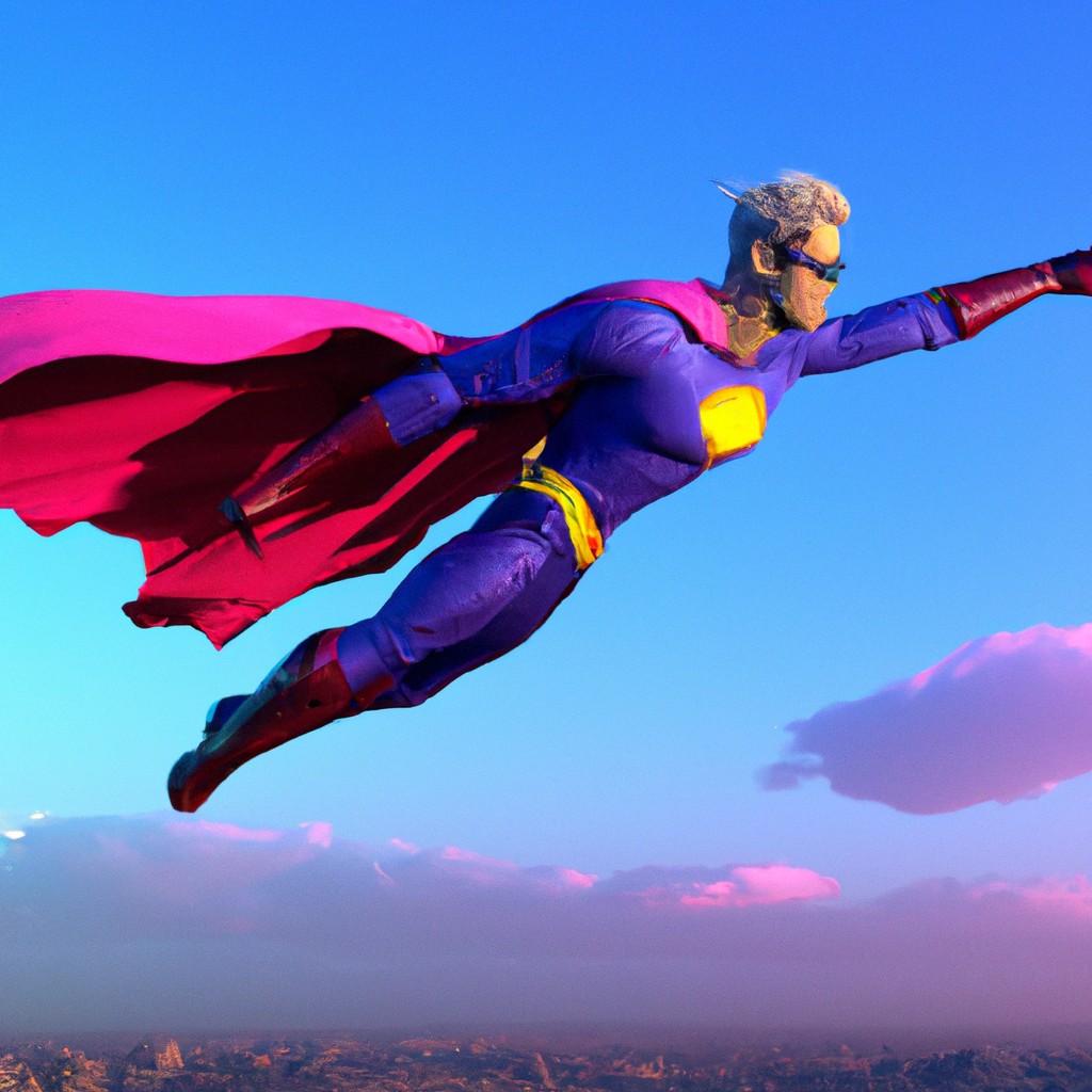 Image of Arnold, wearing a superhero cape, flying through the sky with confidence and bravery.