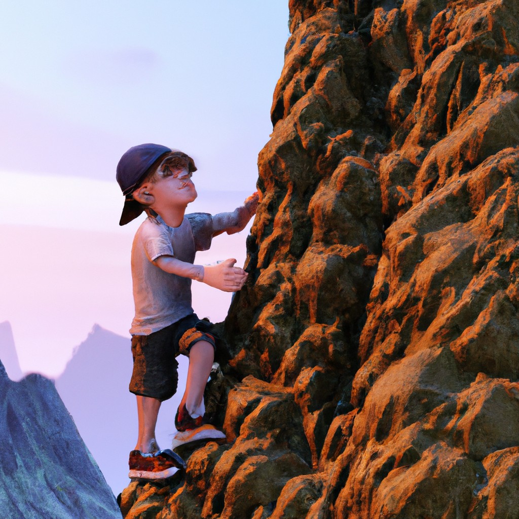 Image of Arnold, a determined little boy, climbing a tall mountain with a fierce determination.