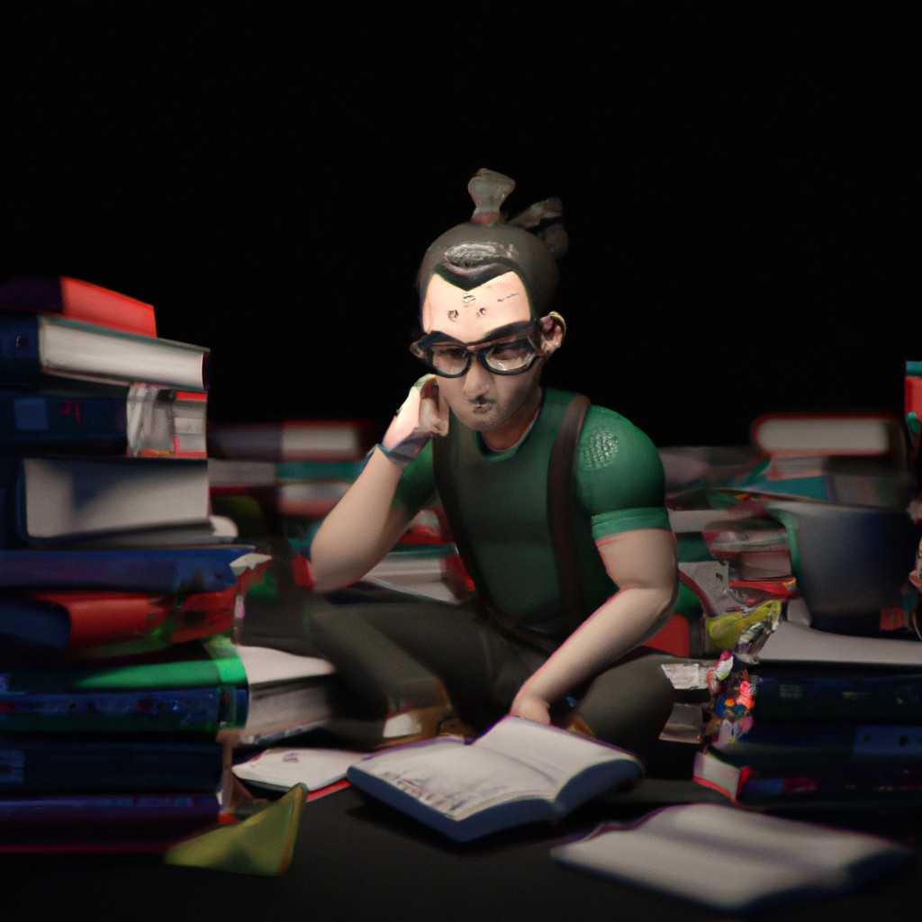 Image of Arnold, surrounded by a pile of books, studying and learning with unwavering focus.