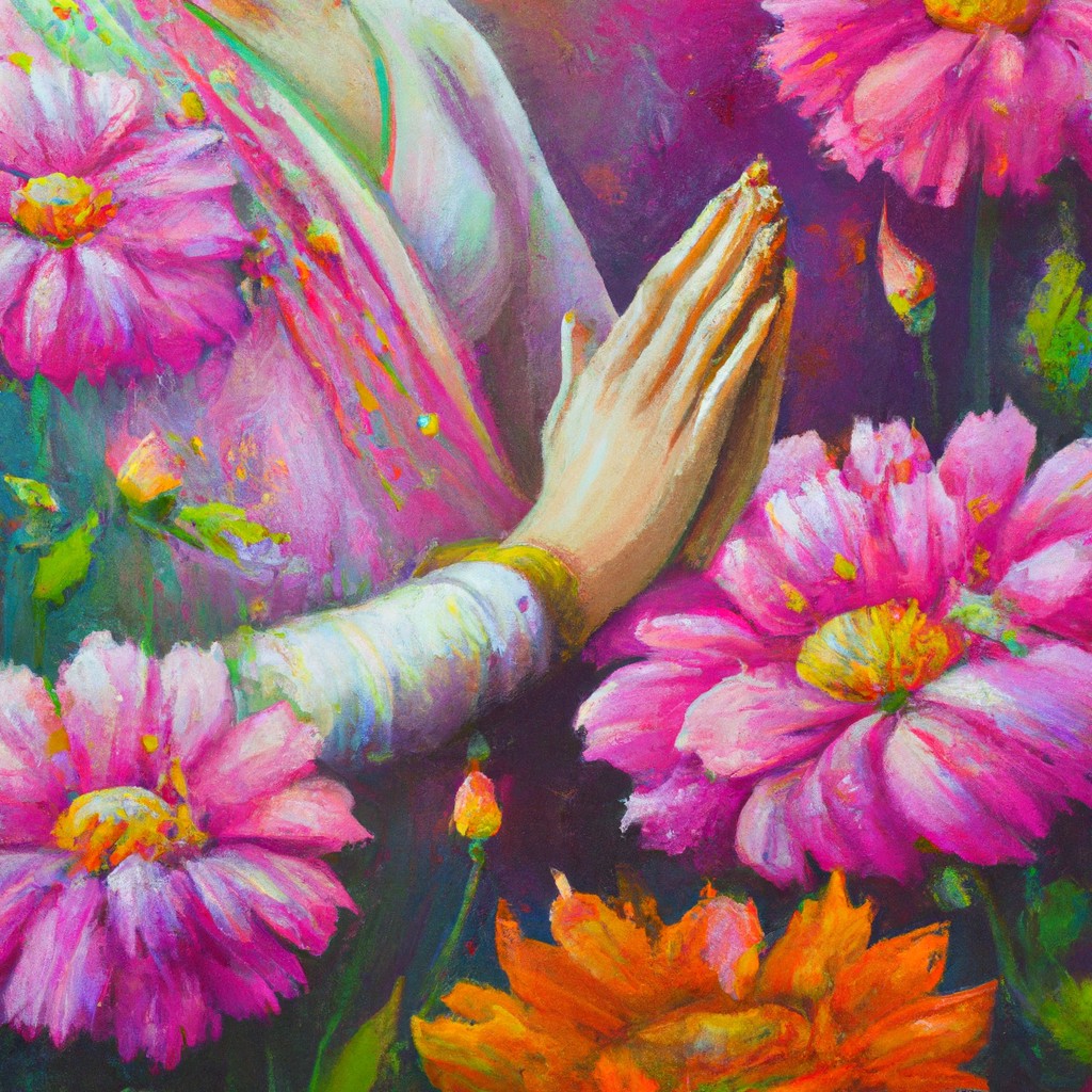 Image of A compassionate figure with healing hands, surrounded by vibrant flowers and a peaceful aura.