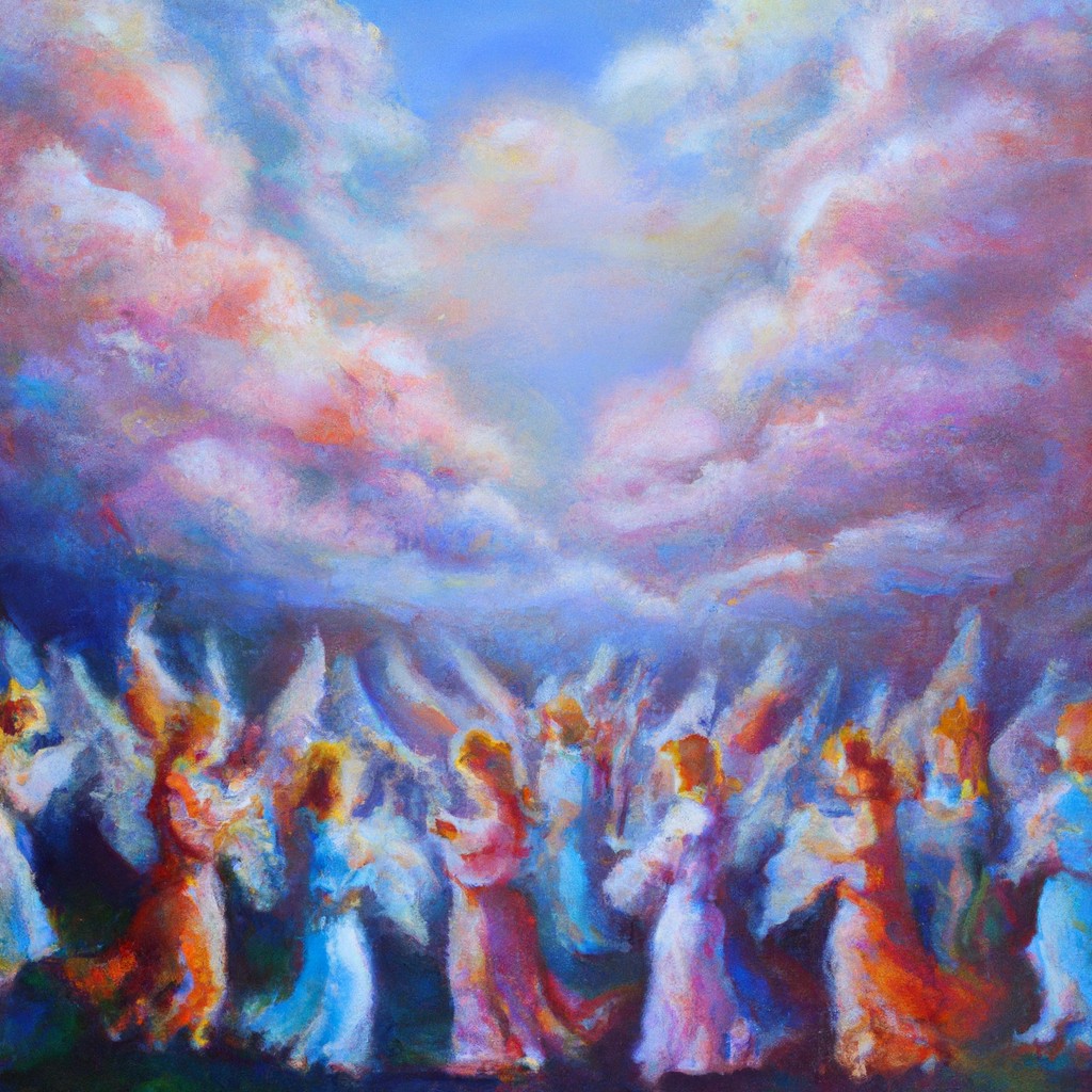 Image of A group of angels with shimmering wings gathering at the edge of the clouds as the skyfalls with blessings.