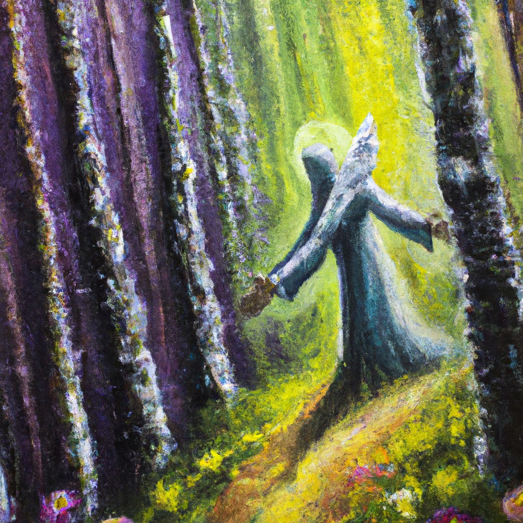 Image of A loving figure with outstretched hands, guiding people through a mystical forest.