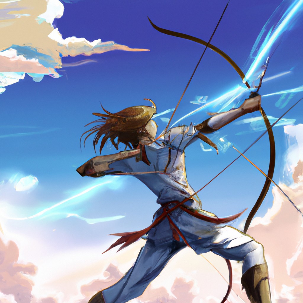 Image of A graceful archer with a bow, shooting arrows with precision at the falling sky.